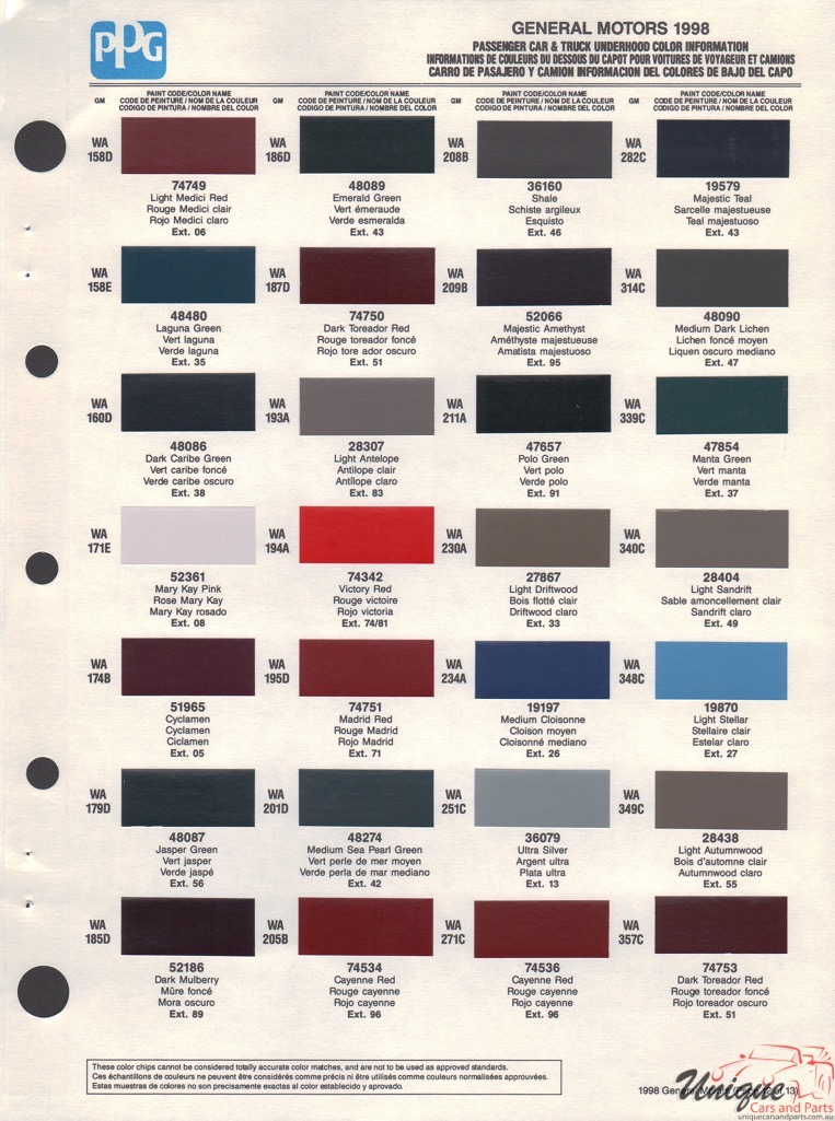 1998 General Motors Paint Charts PPG 16